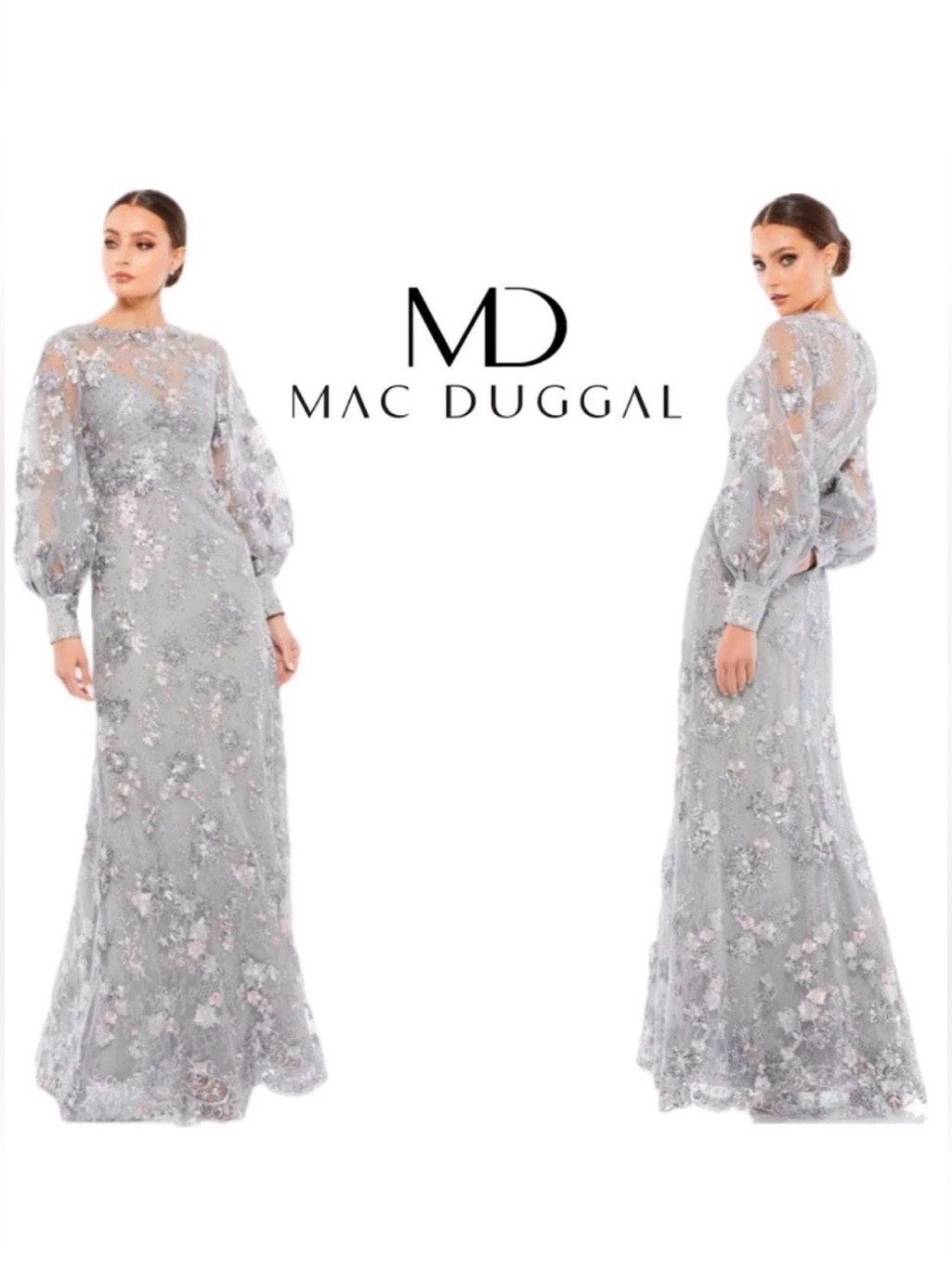 Mac Duggal 67936 Platinum Embroidered Flower Jewel Illusion Bishop Sleeve Gown 4